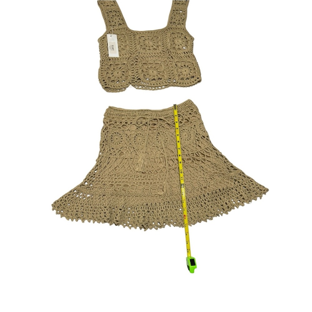 Lnable by Mable Tan Crochet Matching Set Crop Top Mini Skirt Boho Festival M - Picture 4 of 13